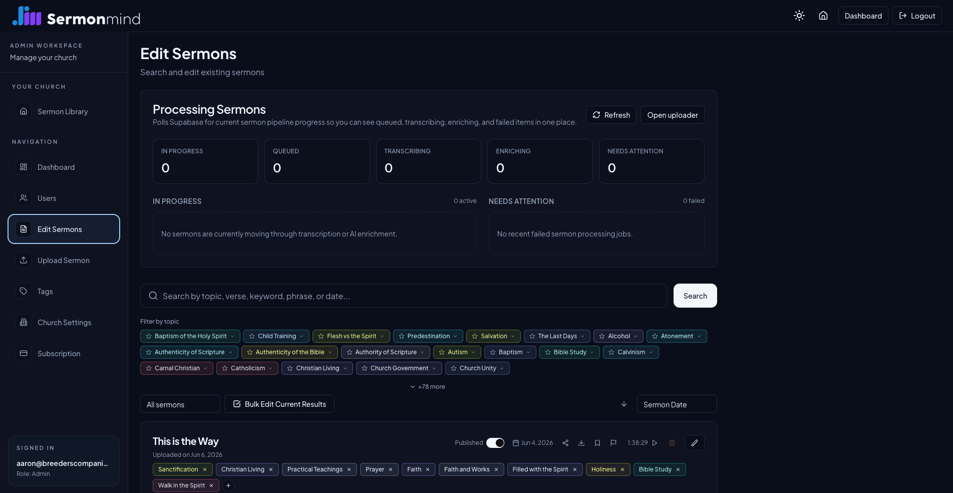 Sermon Mind edit sermons page with pipeline status, search, filters, and publish controls.