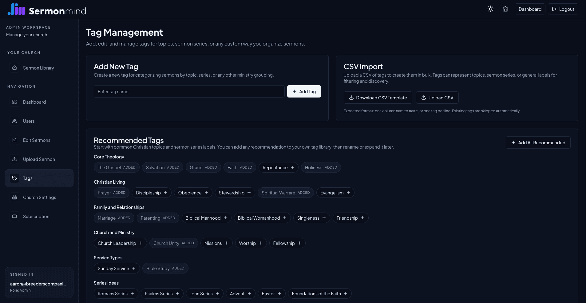 Sermon Mind tag management page with recommended tag packs and CSV import.