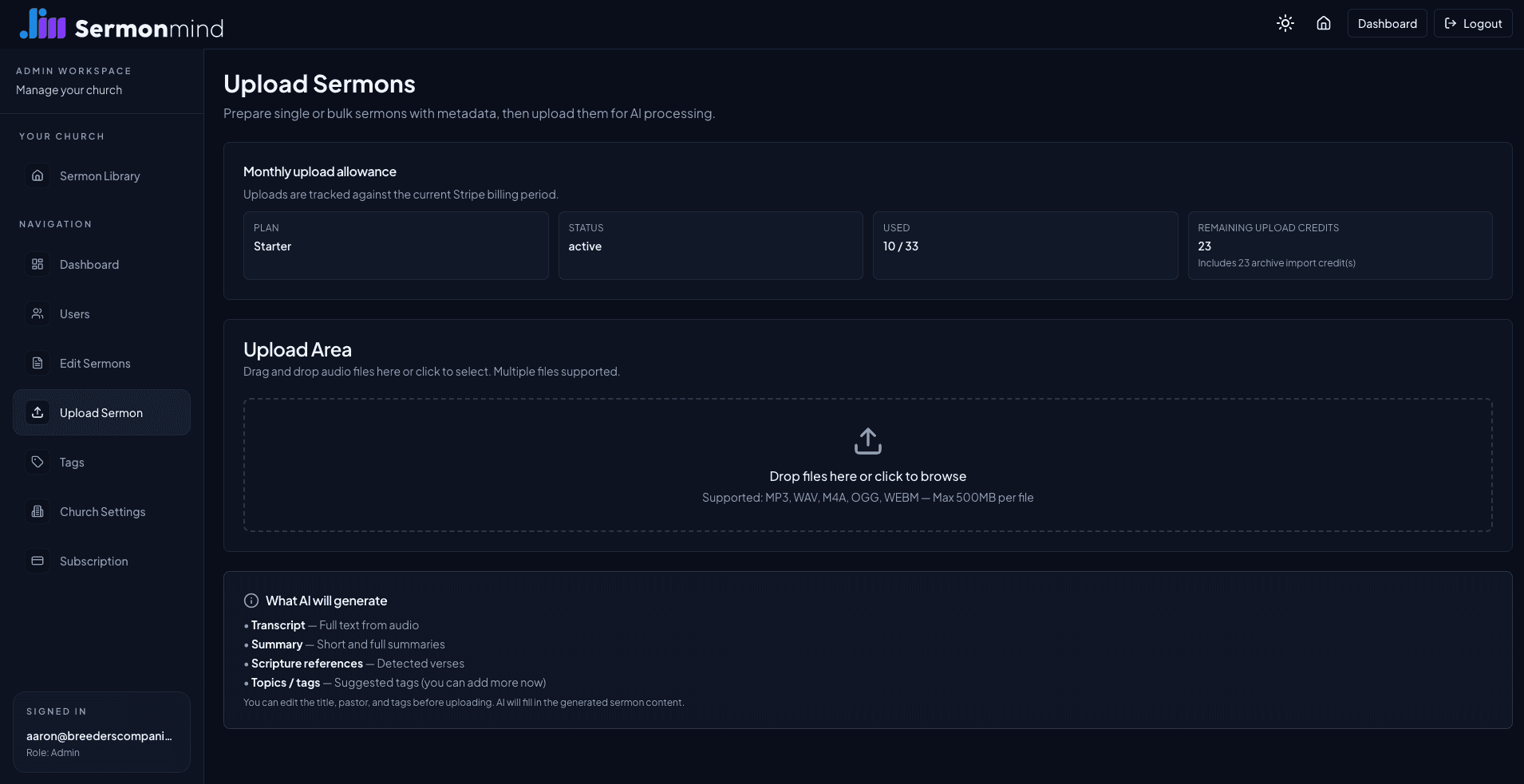 Sermon Mind upload page with monthly allowance, drag-and-drop upload, and AI generation details.