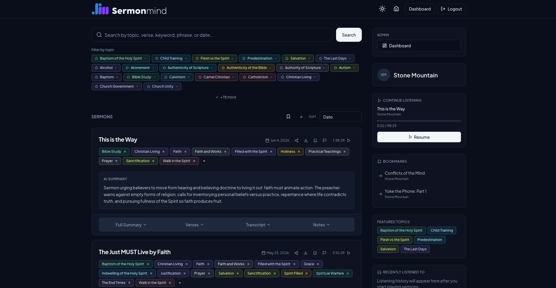 Sermon Mind public church page with search, topic filters, sermon cards, bookmarks, and continue listening.
