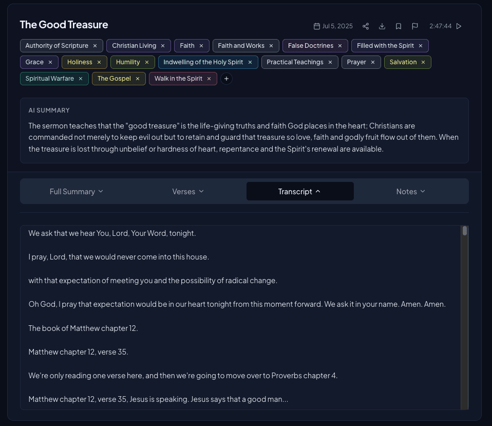 Sermon Mind sermon page with full transcript view and AI summary.