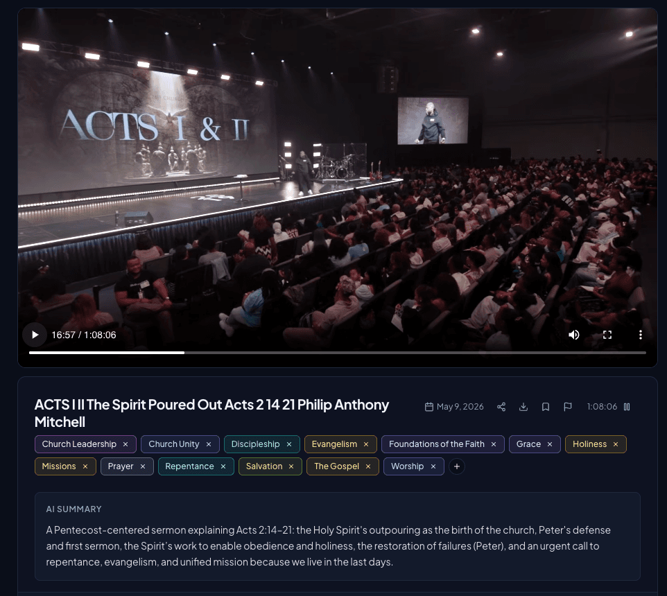 Sermon Mind sermon page with embedded video player, tags, and AI summary.